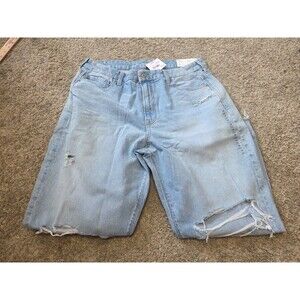 American Eagle Stretch Mom Jeans Light Blue Distressed Ripped Super High Rise 18